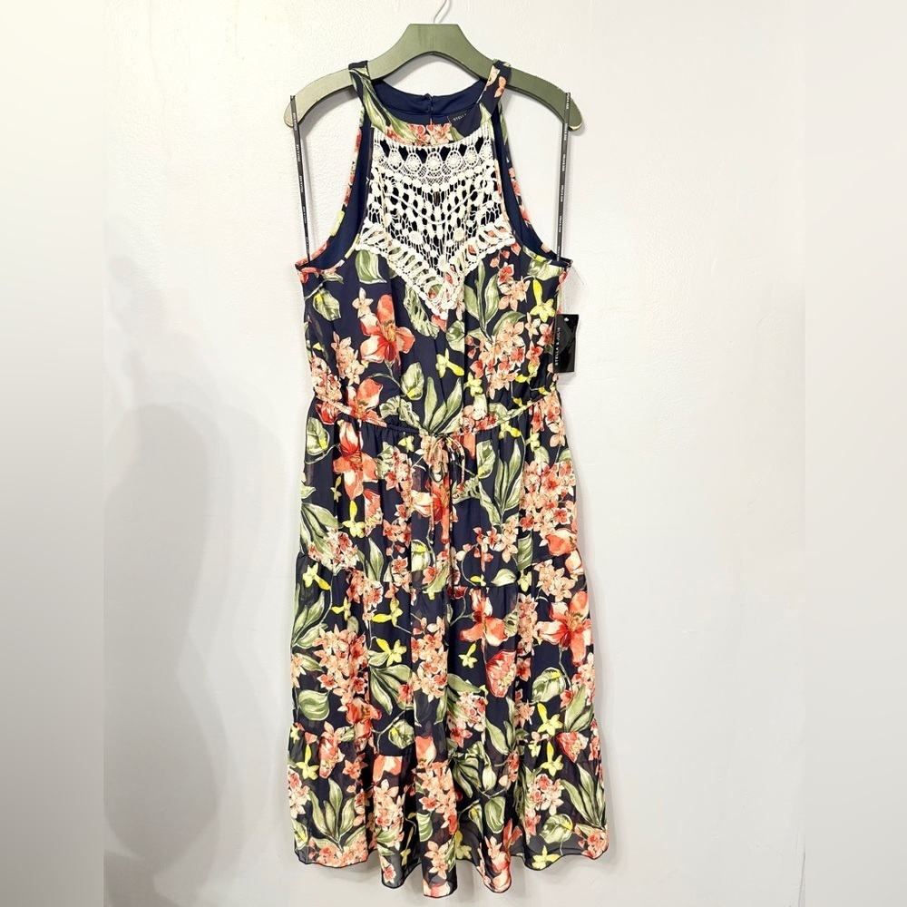 #10)  Navy Floral Maxi Boho Dress with cream Lace Accent